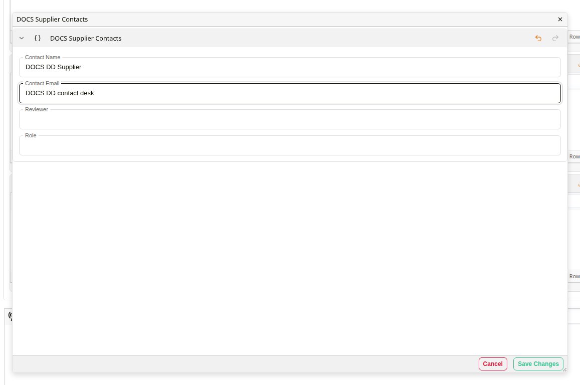 The form for a new grid row, with Cancel and Save Changes