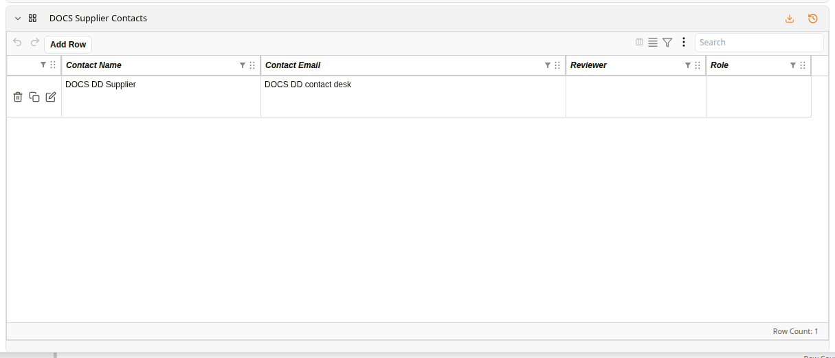 A grid template with one row, its row actions and the toolbar with Undo, Redo and Add Row