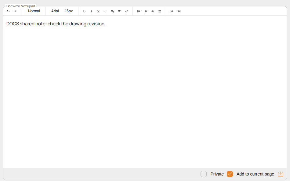 The Docwize Notepad window with a note typed in, the formatting toolbar at the top, and Private, Add to current page and the Save icon at the bottom