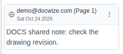 A shared note card by demo@docwize.com on page 1