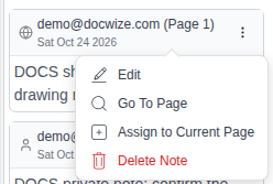 The menu of a note card with Edit, Go To Page, Assign to Current Page and Delete Note