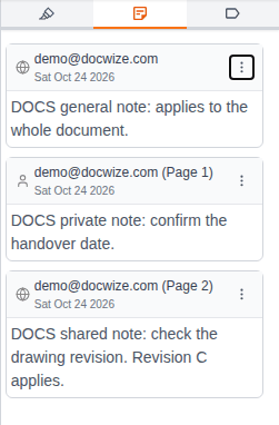 The Notes tab with three notes: a shared note with no page, a private note on page 1 and a shared note on page 2