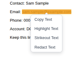 An email address selected on the page, with the right-click menu showing Copy Text, Highlight Text, Strikeout Text and Redact Text