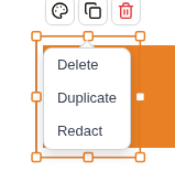 A selected rectangle with its right-click menu showing Delete, Duplicate and Redact