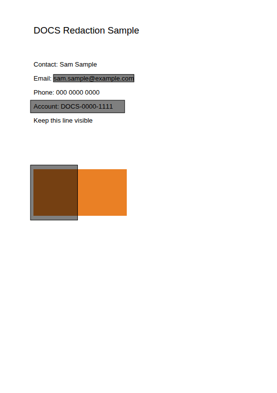 A sample page with grey redaction boxes over an email address, an account number and part of an orange block