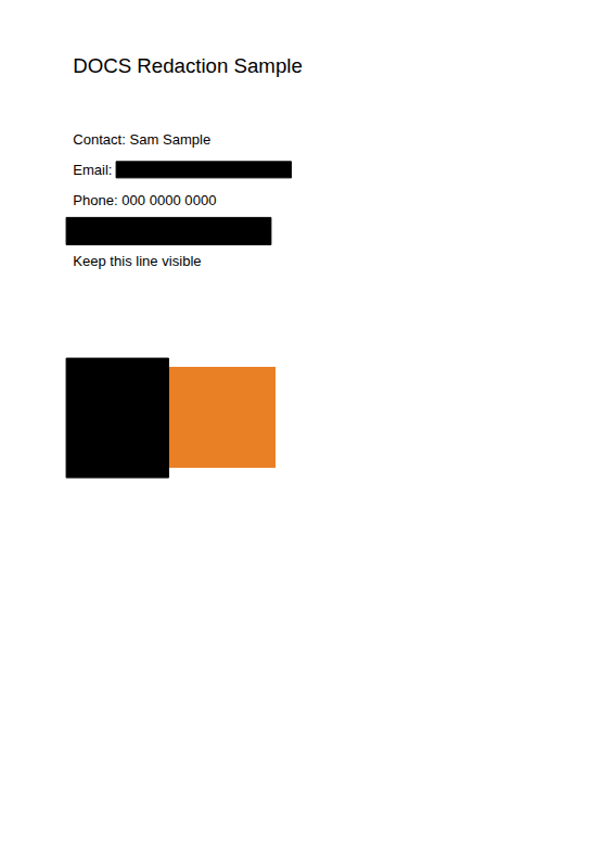 The sample page after burning, with solid black boxes where the email address, the account number and part of the orange block were
