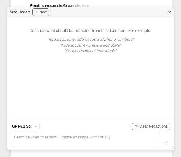 The Auto Redact dialog with the New button, three example prompts, the model selector, Clear Redactions and the prompt box
