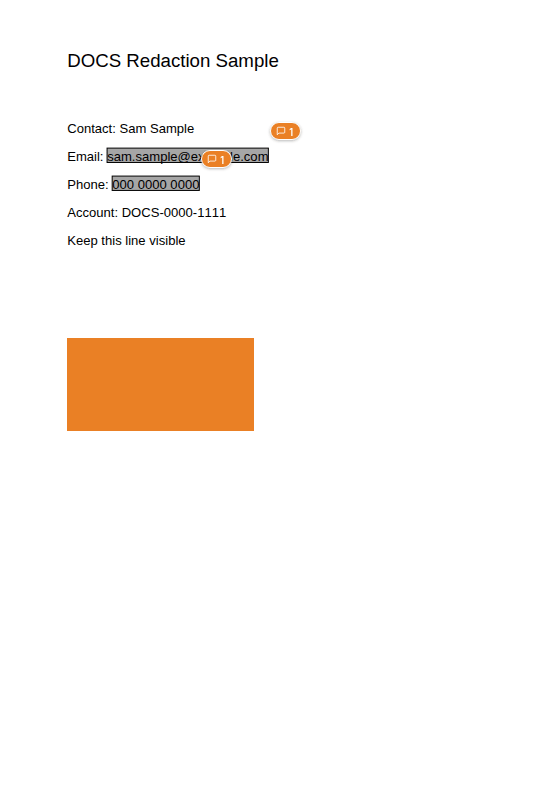 The sample page with grey redaction boxes over the email address and the phone number, added by Auto Redact
