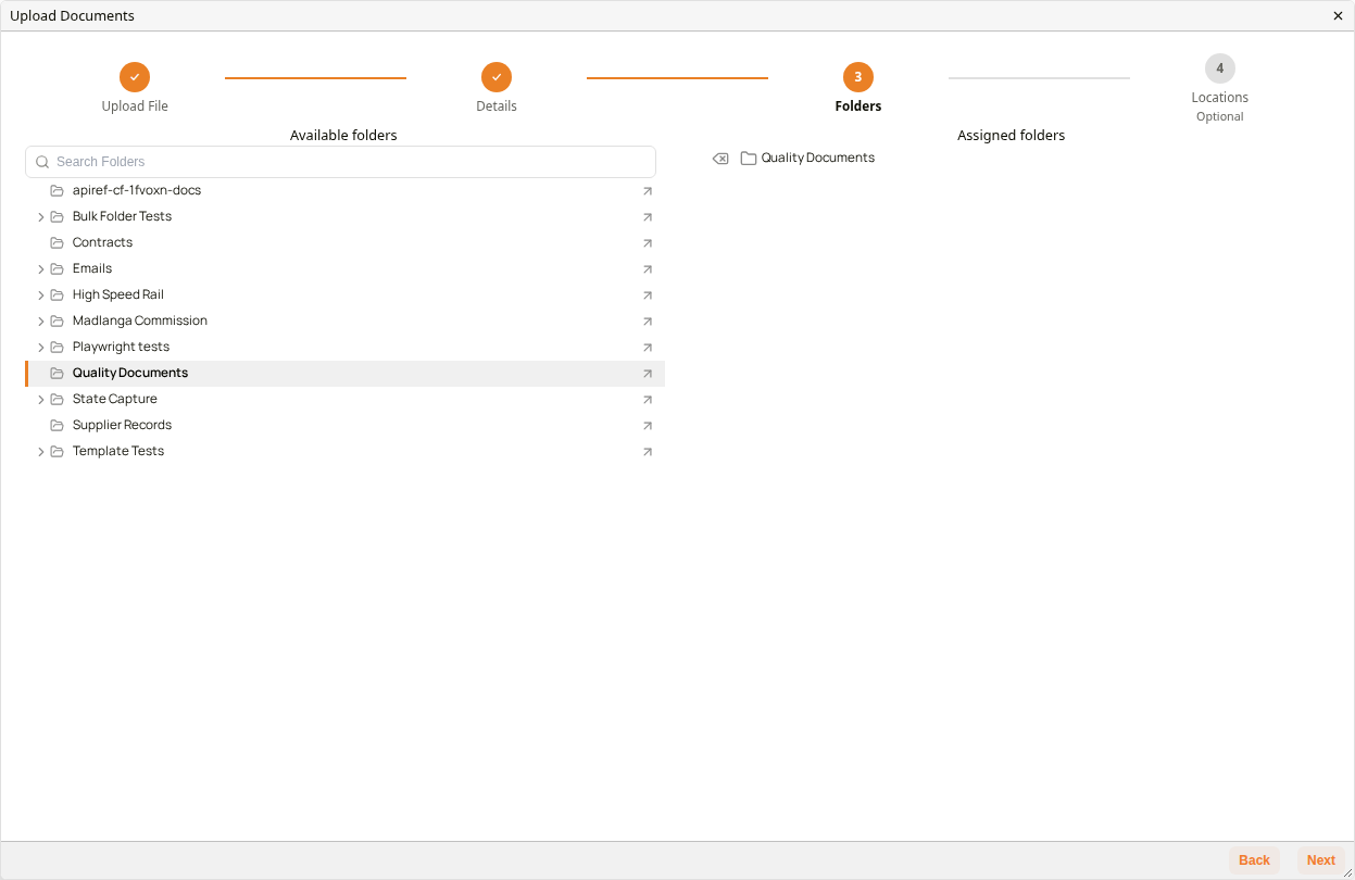 Folders step of the Upload Documents window with Quality Documents assigned