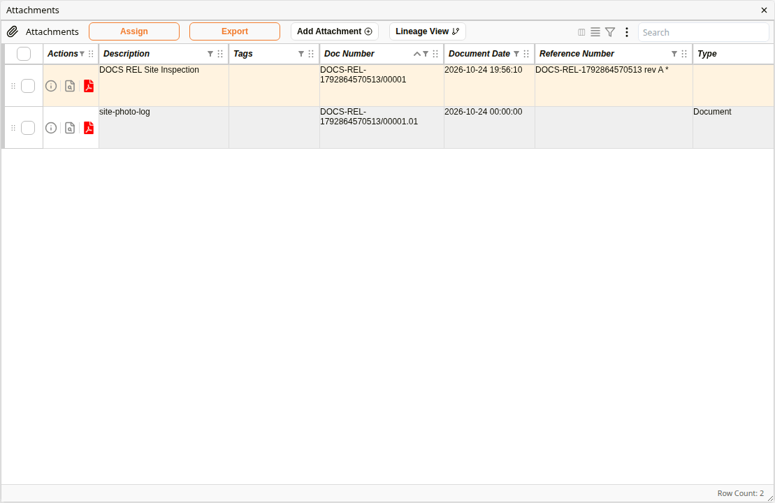 Attachments register showing the main document, shaded, and its first attachment