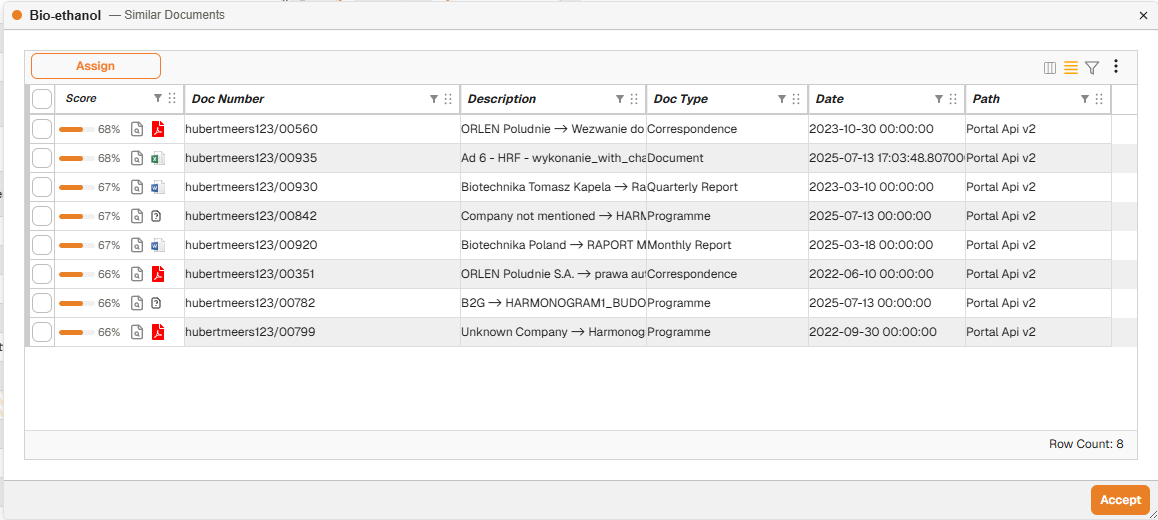 Similar Documents dialog showing matching documents with scores