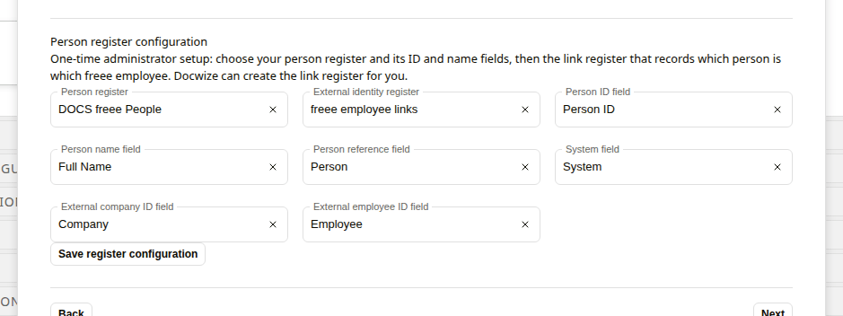 Person register configuration form