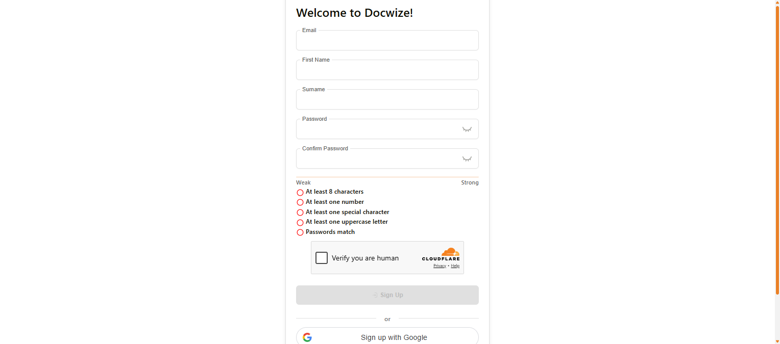 Docwize registration page