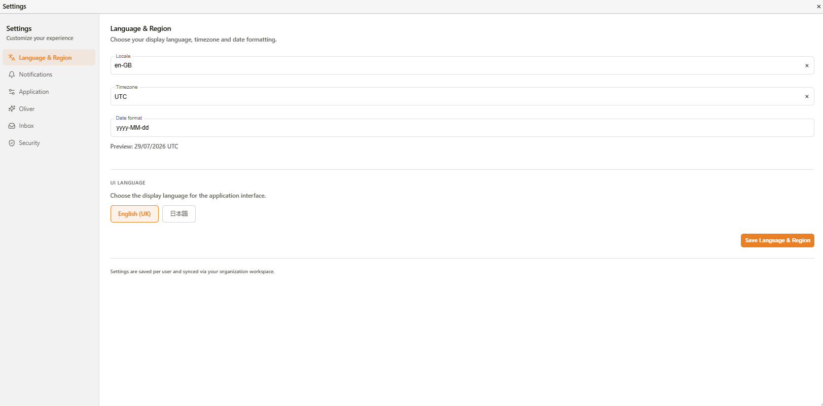User Settings dialog showing Language & Region section