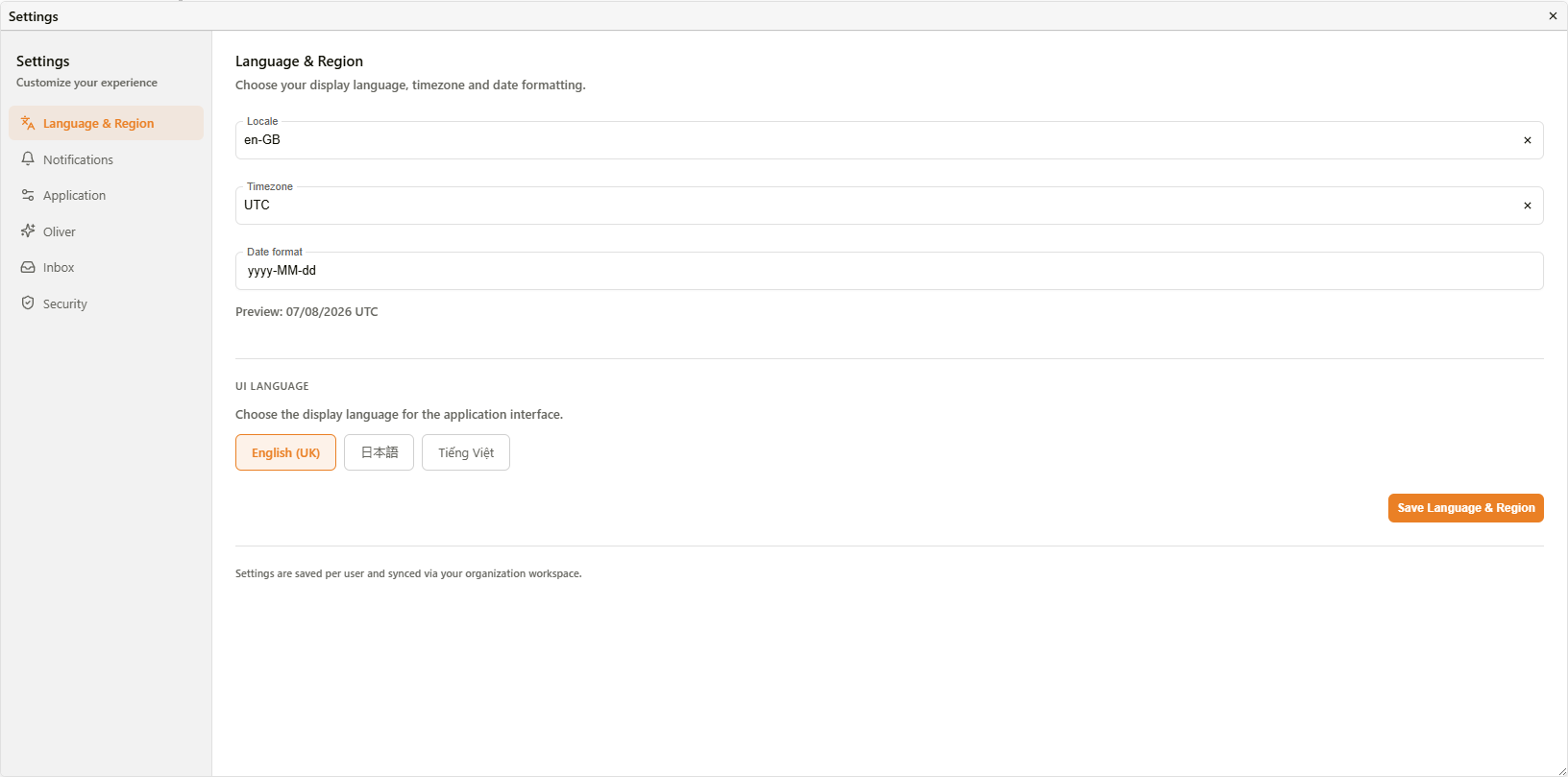 Language & Region section showing English (UK), Japanese, and Vietnamese UI language options