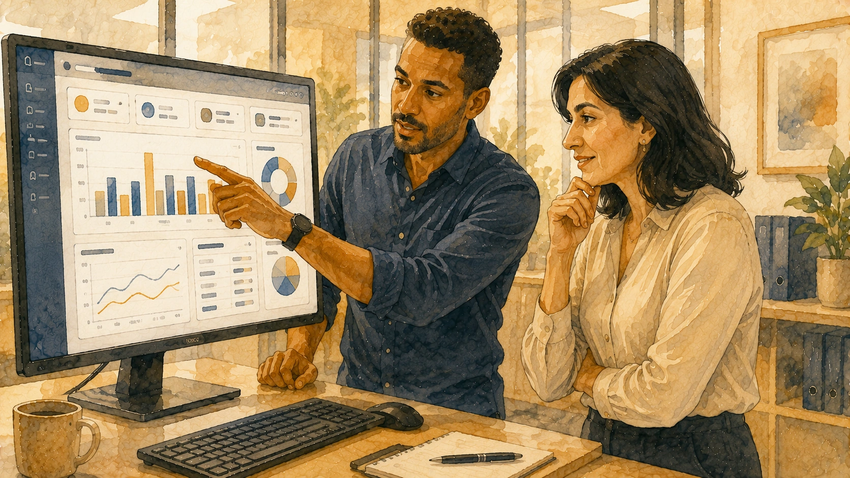 Colleagues reviewing dashboard charts in Docwize
