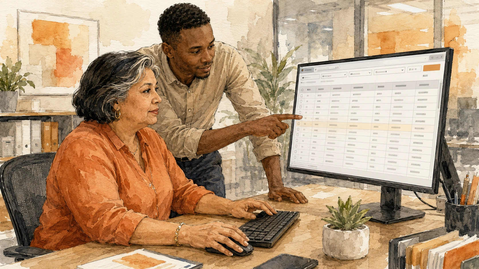 Colleagues reviewing a document list in the Docwize grid