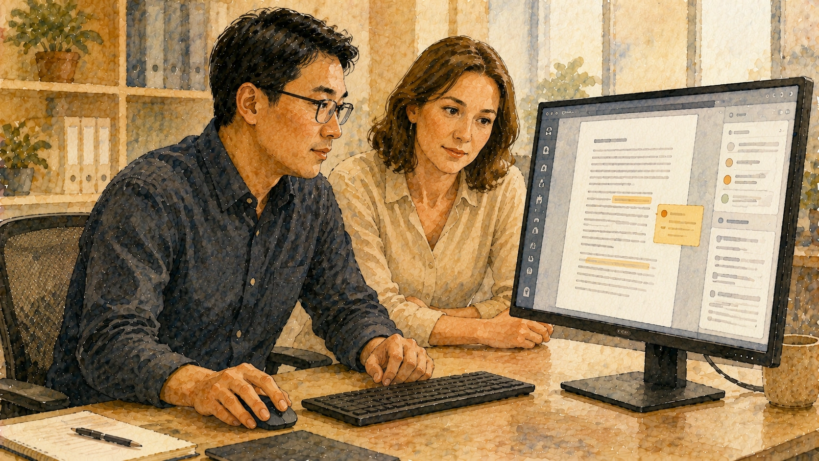 Colleagues reviewing and annotating a document in Docwize