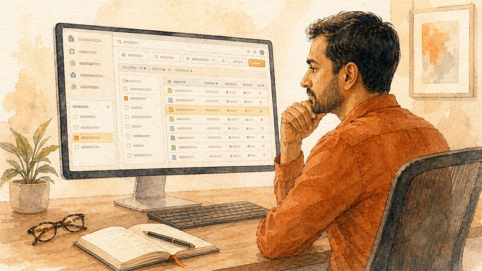 A person thoughtfully reviewing a filtered data view and search results in Docwize