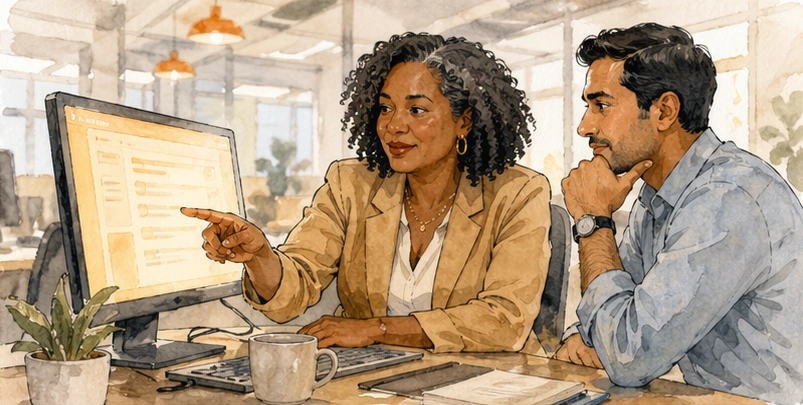 Two colleagues reviewing the Docwize platform together