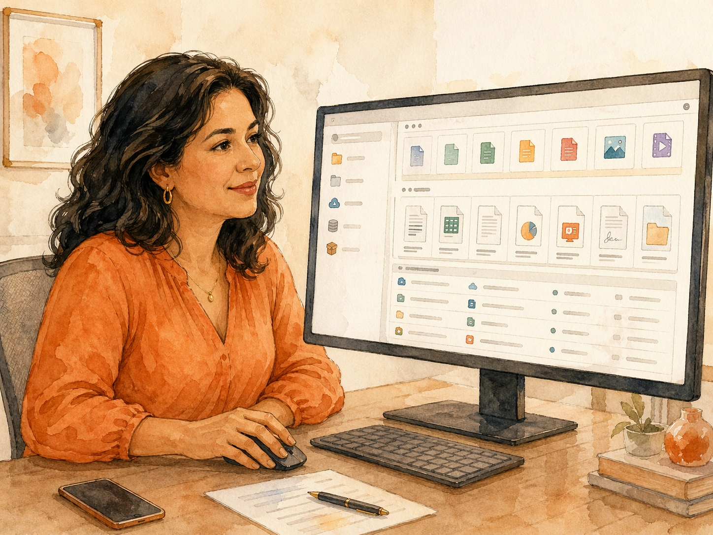 A person at a desktop organising many document types including PDFs, images, emails and spreadsheets in Docwize