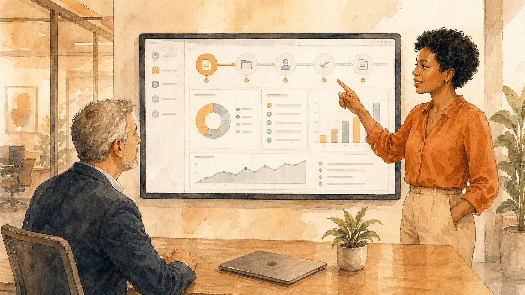 A presenter showing a workflow and reporting dashboard to a colleague in a meeting room
