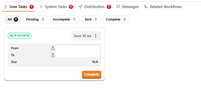 Action request card in the User Tasks tab