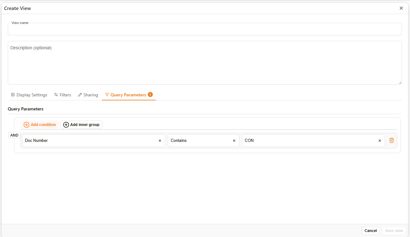 Create View dialog — Query Parameters tab
