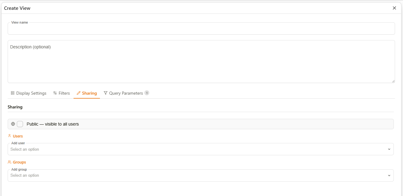 Create View dialog — Sharing tab