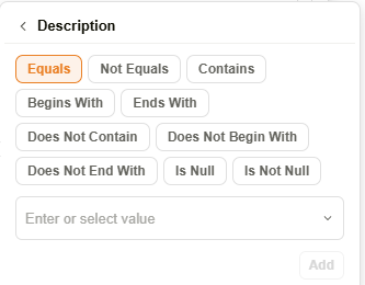 Filter condition builder showing operators