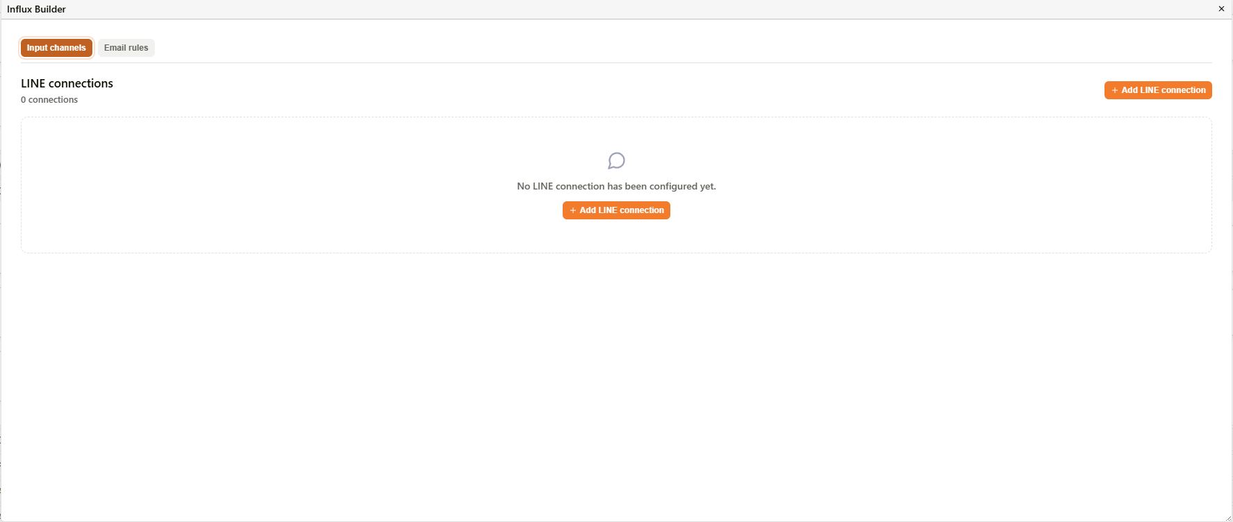 Influx Builder dialog showing the Input channels and Email rules tabs