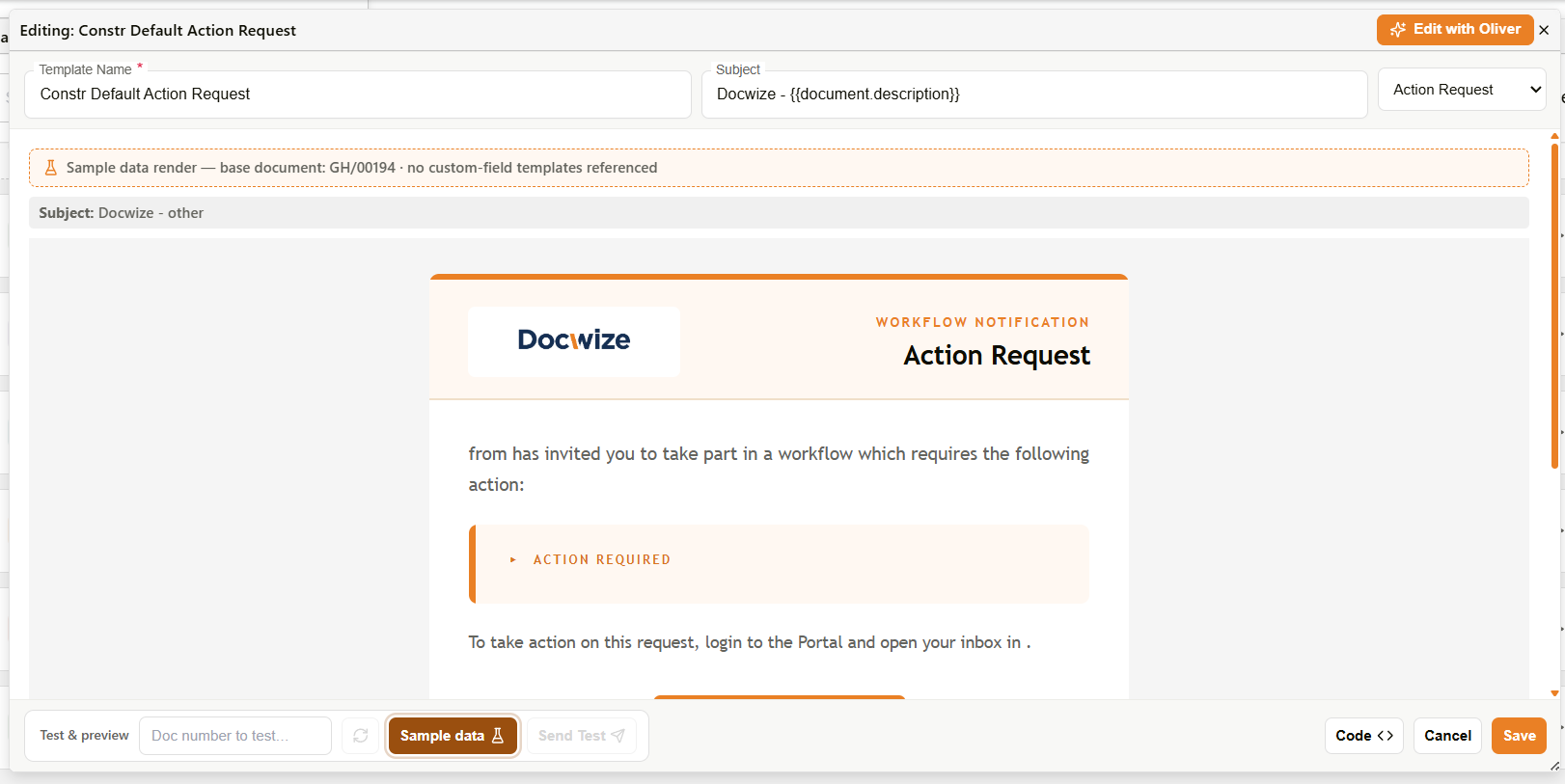 Email template preview rendered with sample data