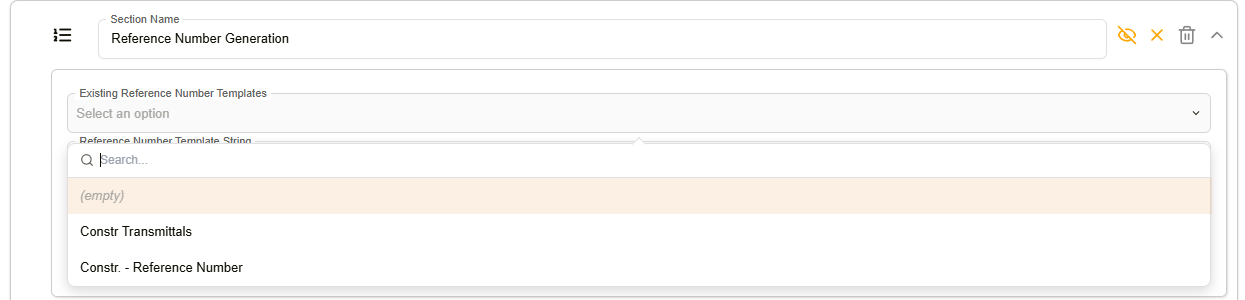 Existing Reference Number Templates dropdown open, listing saved templates