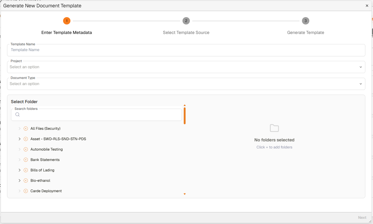 Generate New Document Template wizard — Step 1