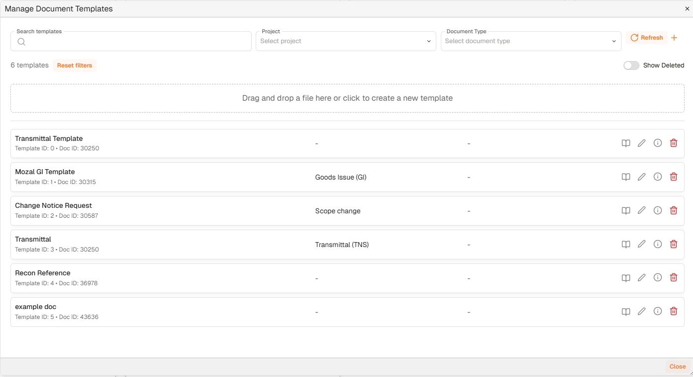 Manage Document Templates dialog