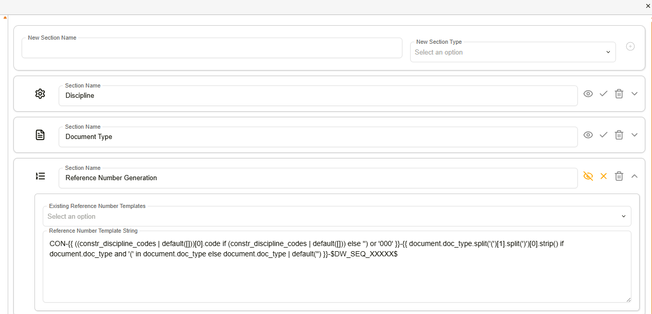 Reference Number Generation section expanded, showing the Existing Reference Number Templates dropdown and Reference Number Template String field