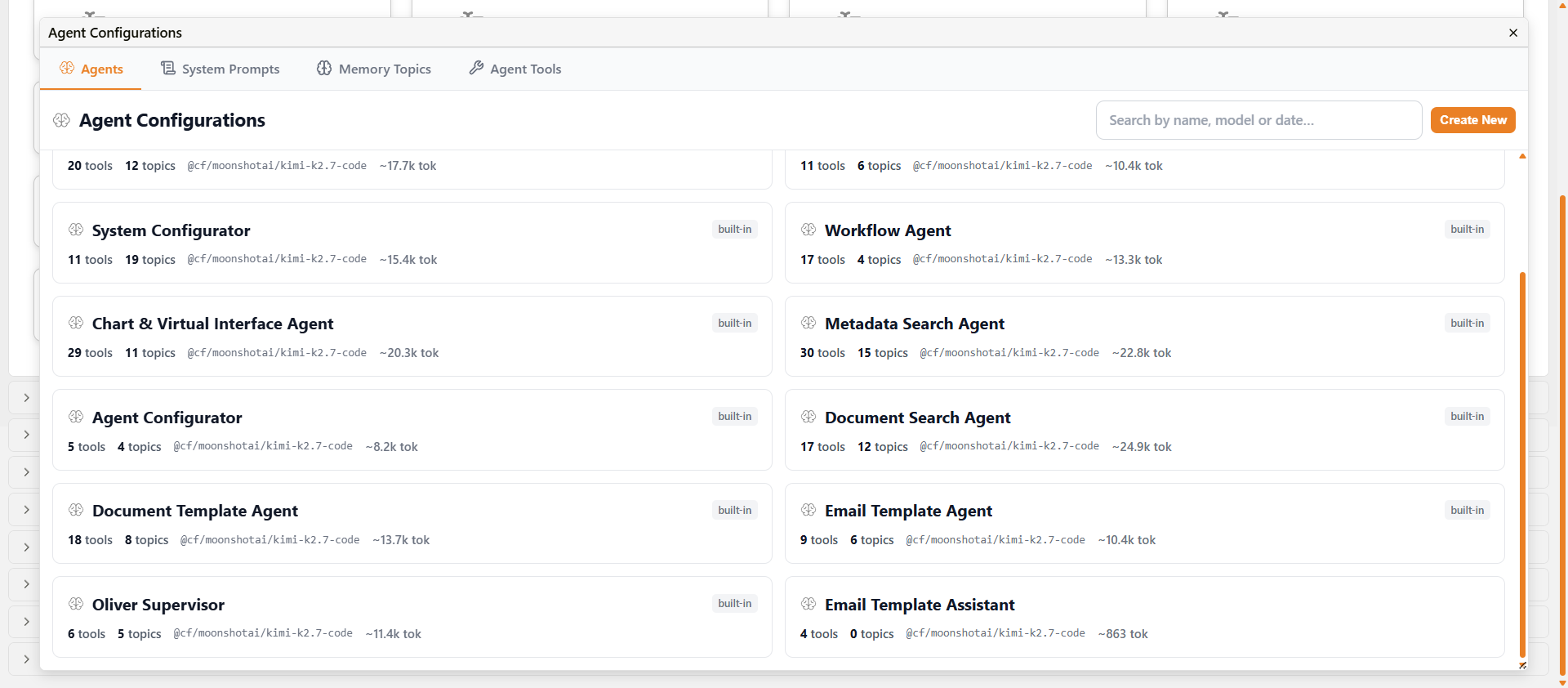 The Agent Configurator agents list