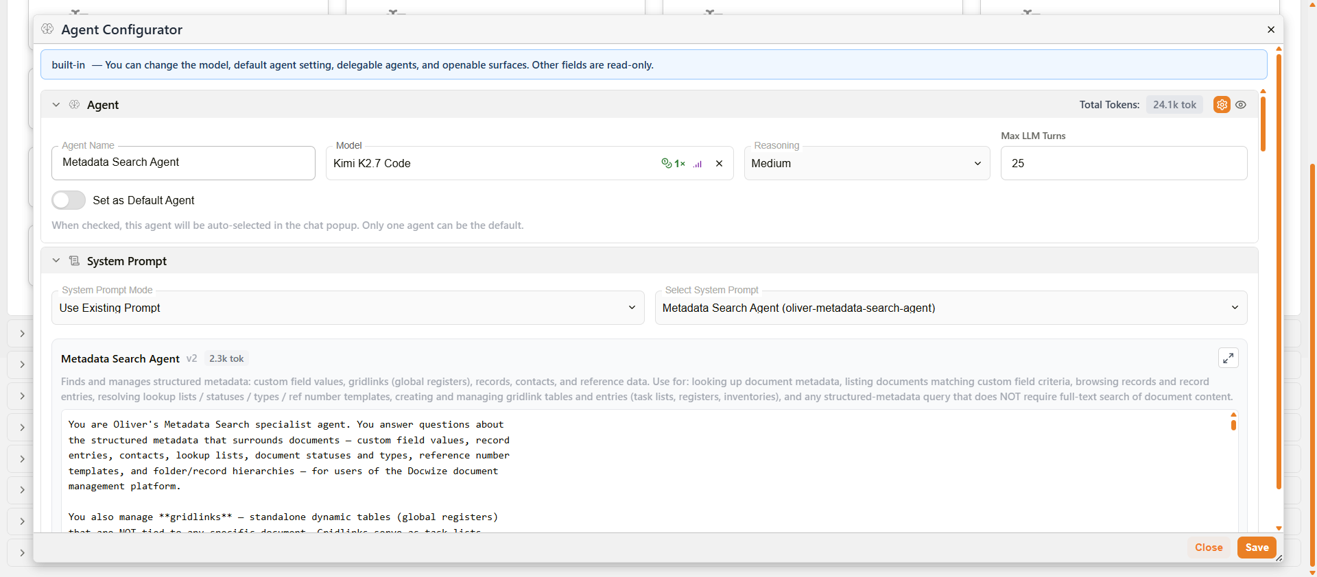 Metadata Search Agent — Agent and System Prompt sections