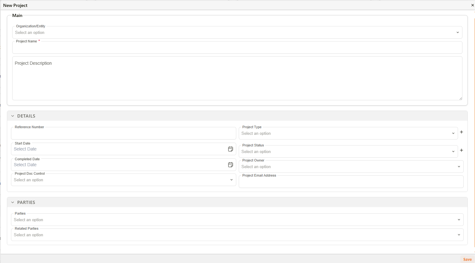 New Project dialog