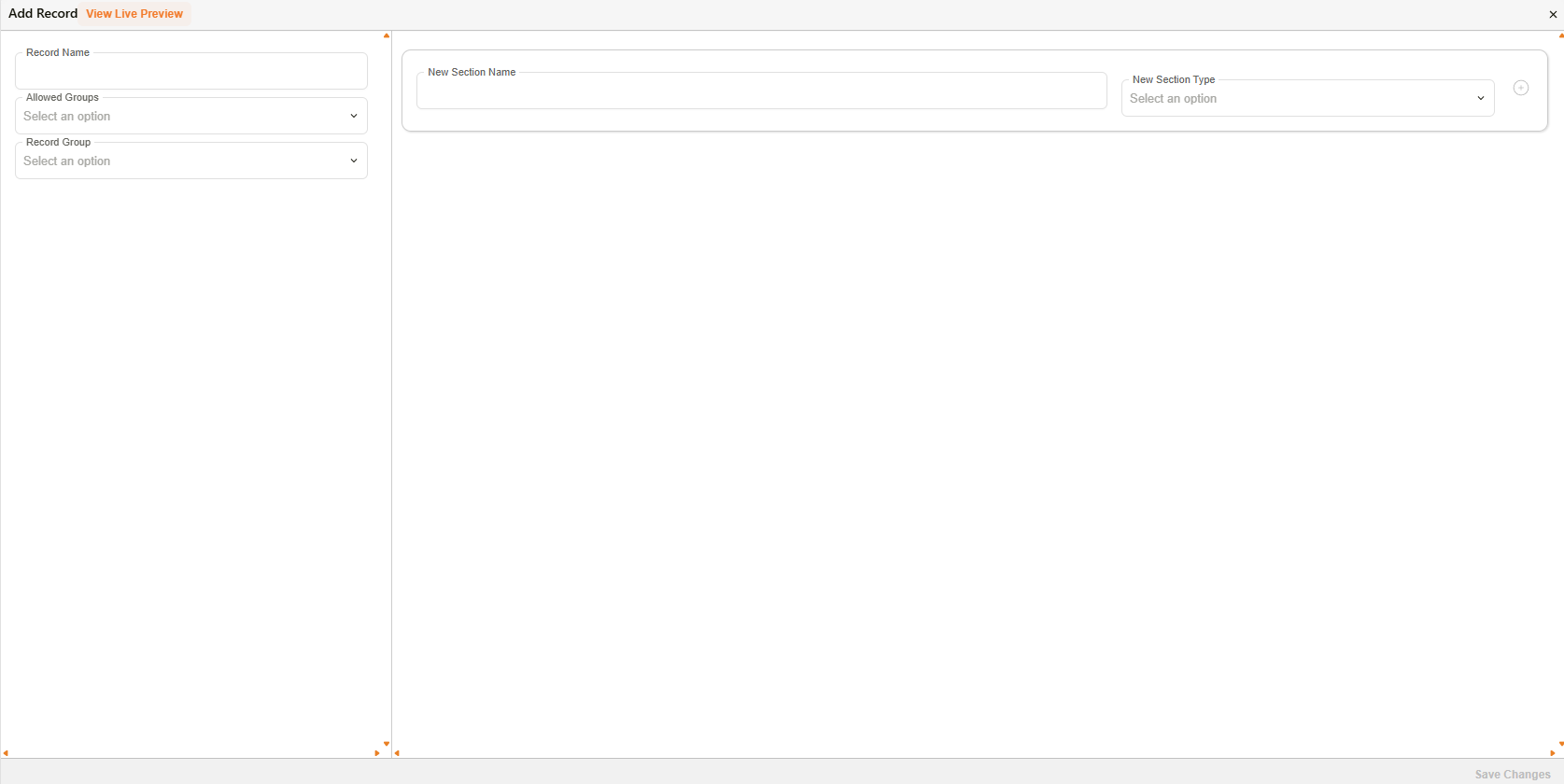 Add Record dialog with Record Name, Allowed Groups, Record Group, and New Section panels