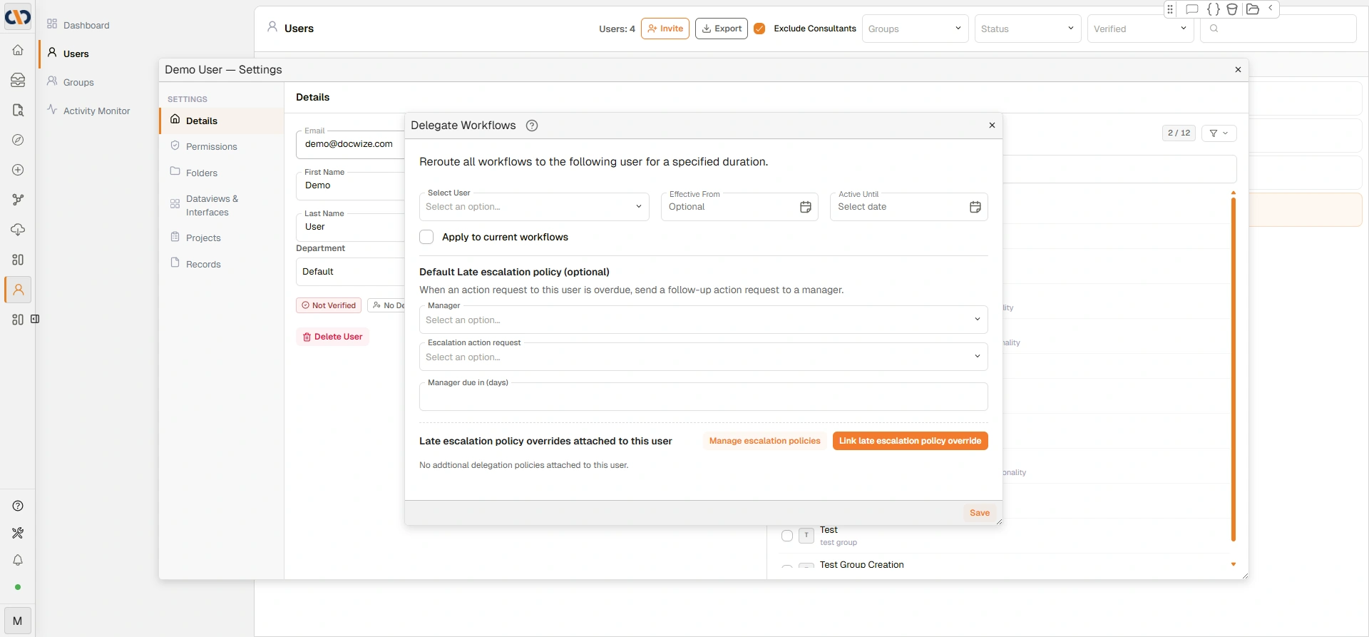 Delegate Workflows dialog