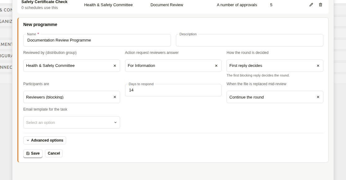 Review programme editor showing reviewer group, action request and decision settings