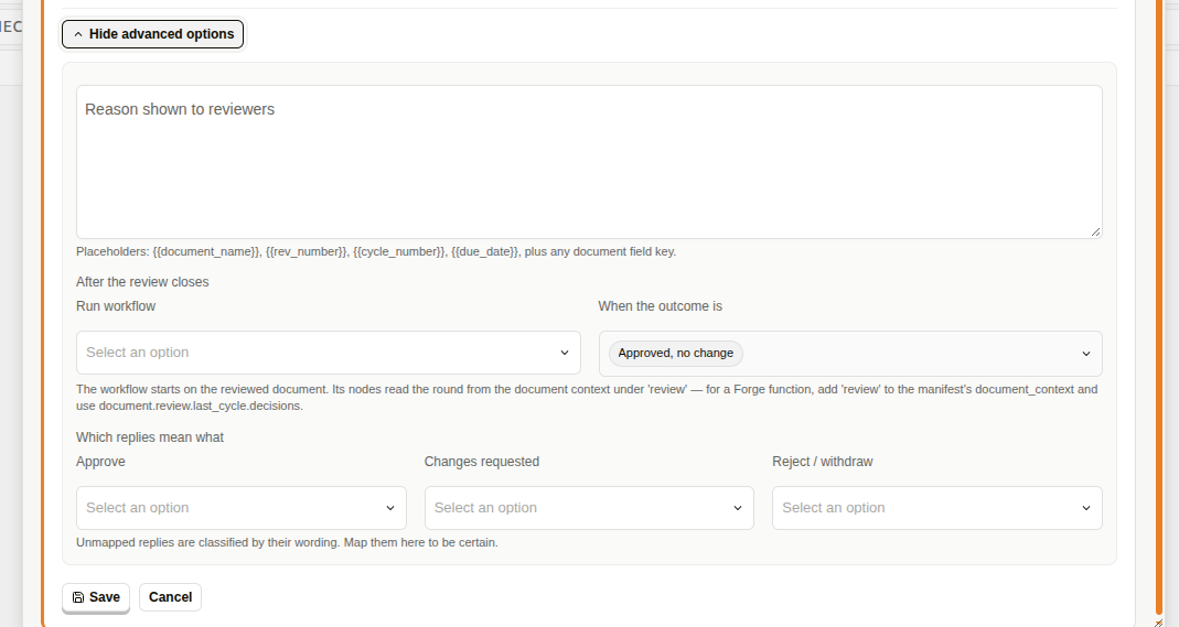 Advanced programme options for the reviewer message, follow-up workflow and reply mapping