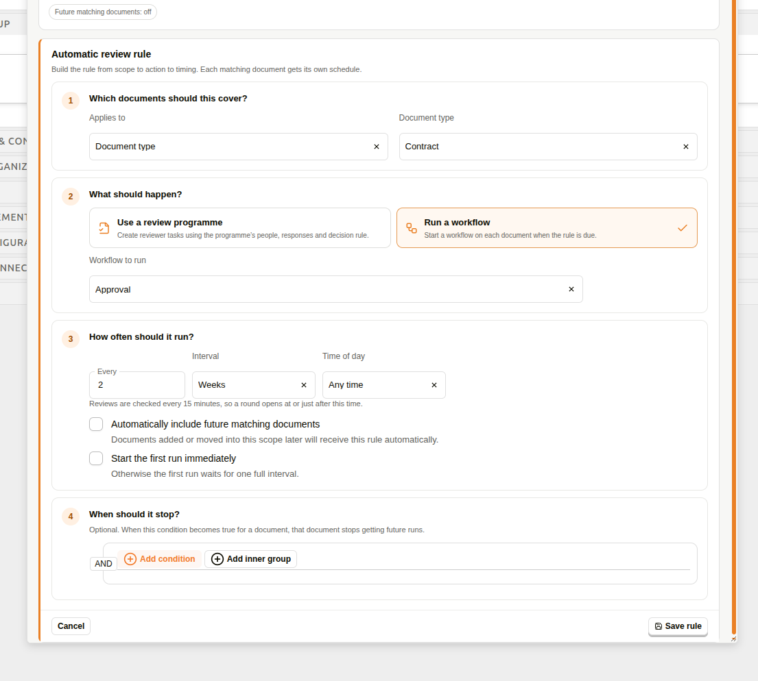 Automatic review rule builder showing document scope, action, timing and stop condition