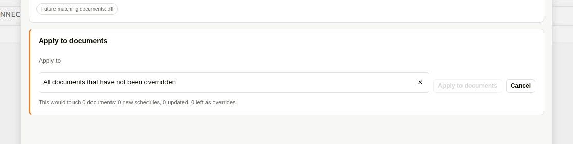 Existing-document preview counting the schedules that would be created, updated or kept as overrides