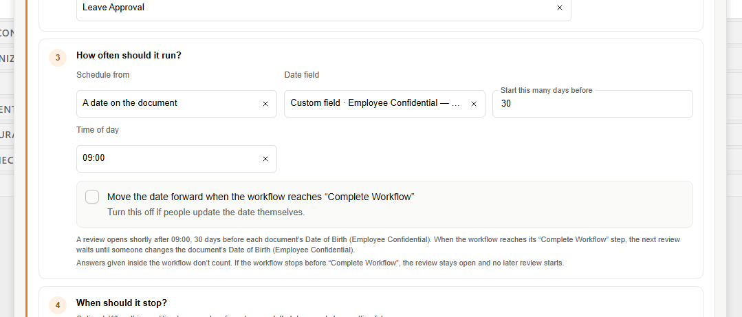 Automatic rule timing set to schedule from a document date with the move-forward block unticked, and a summary saying the next review waits until someone changes the date
