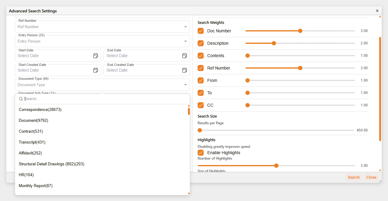 Advanced Search dropdown menu expanded for Document Type, showing selectable options with counts