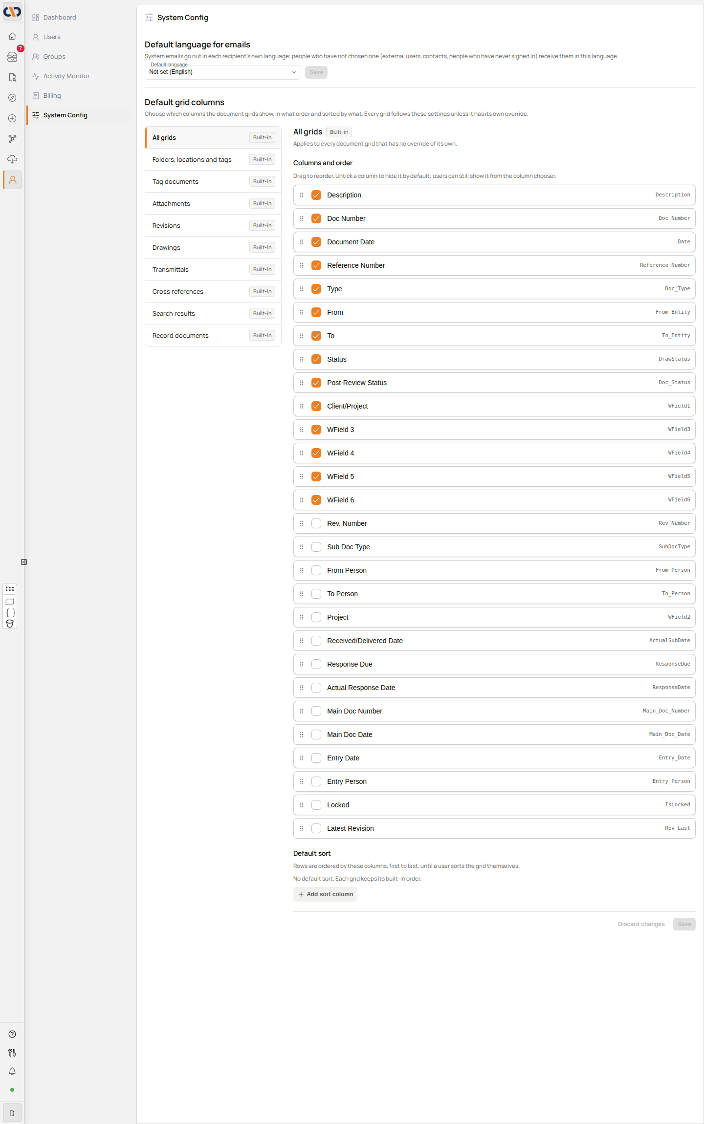 System Config in the Admin Console, showing Default language for emails above Default grid columns, with the list of grids, their statuses and the column list for All grids