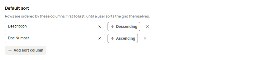The Default sort section with Description descending and Doc Number ascending