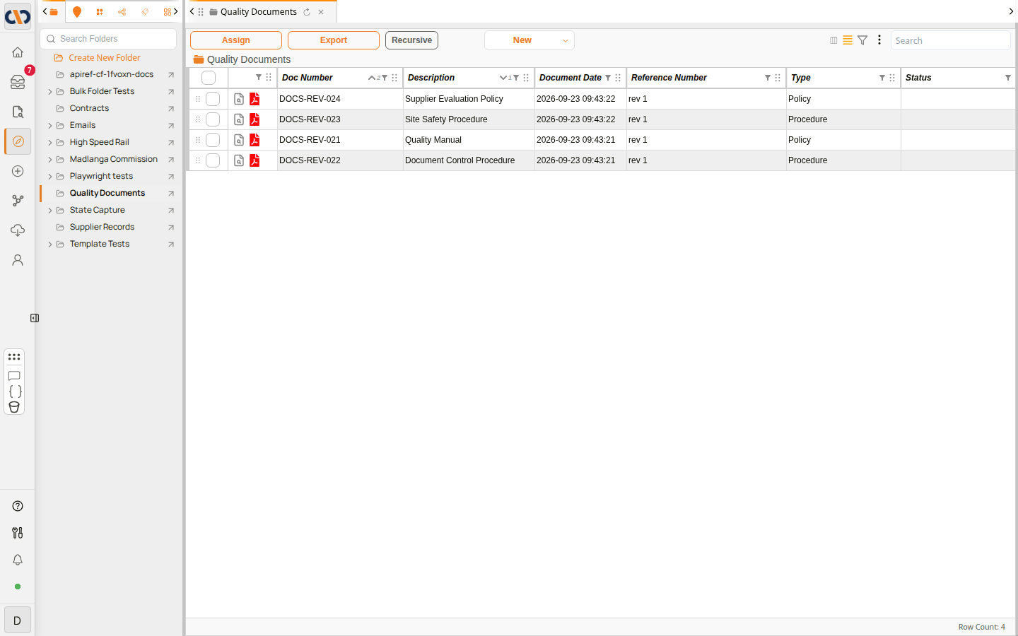 The Explorer document list of Quality Documents showing Doc Number first, then Description, without From and To